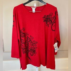 Multiples NWT XL Red Tunic Blouse Embellished Sequin Crew Neck Tunic Split Hem